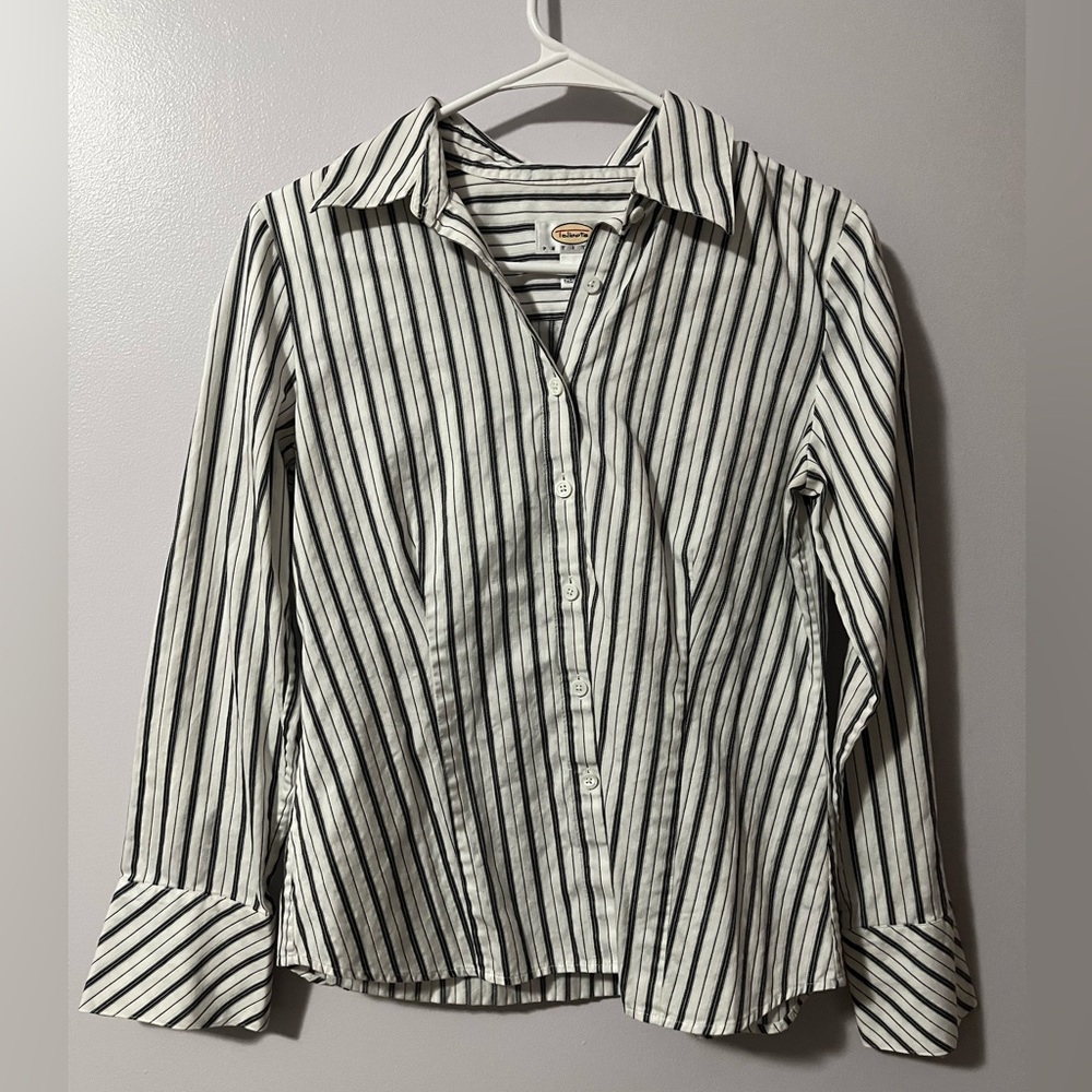 Women’s Petite, Black and White Striped Button Up